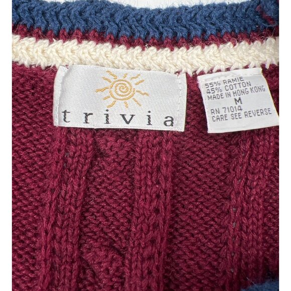 Vintage Trivia Cable Knit Cardigan Sweater Red White & Blue Medium - Picture 2 of 6